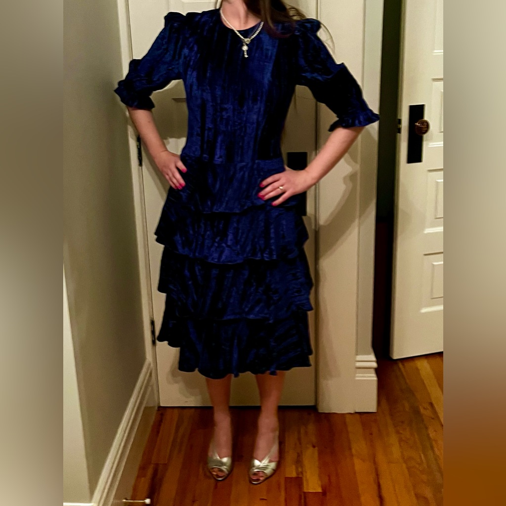 Batsheva Royal Blue Crushed Velvet Dress Tiered Ruffle Midi Dress